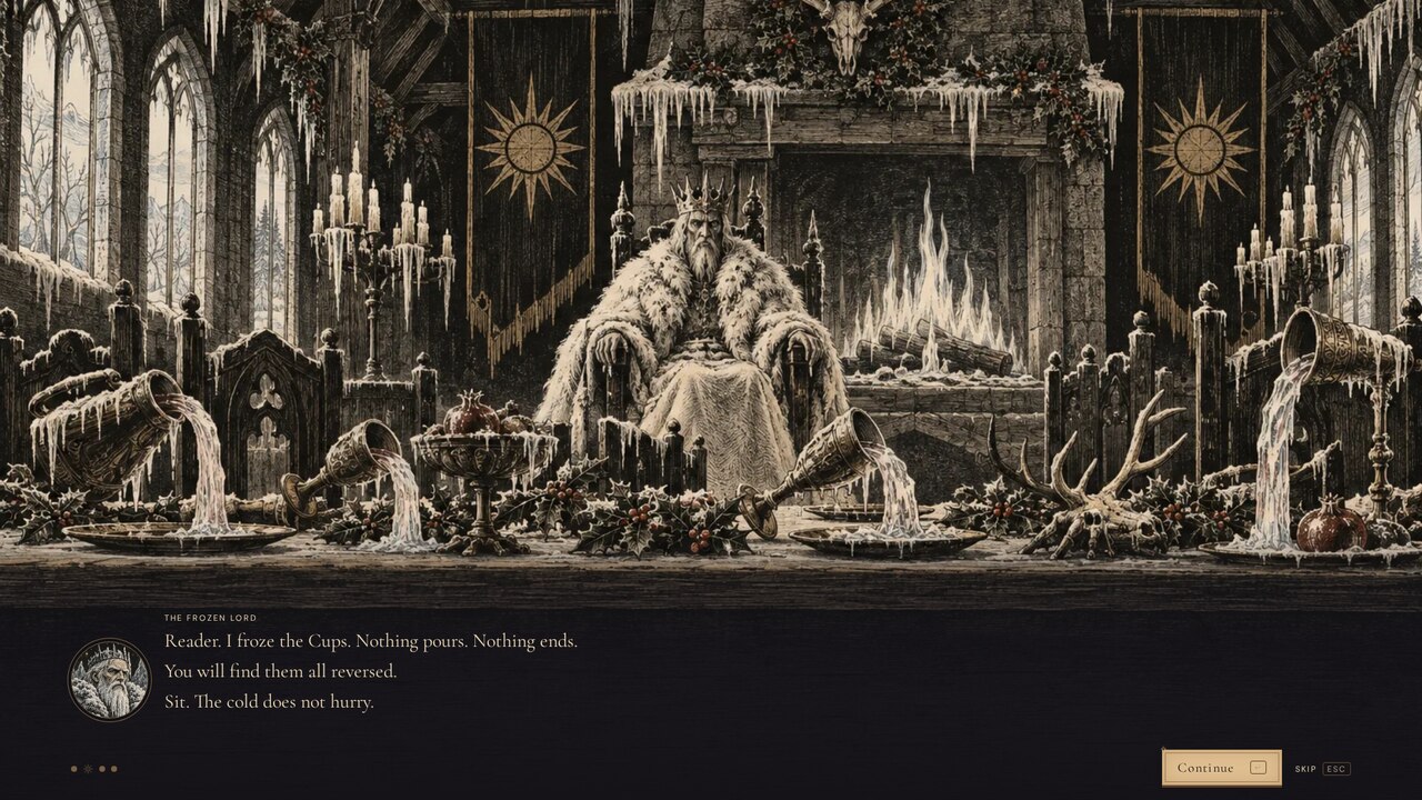 The hall of Yule: the Frozen Lord enthroned, setting his terms for the audience.