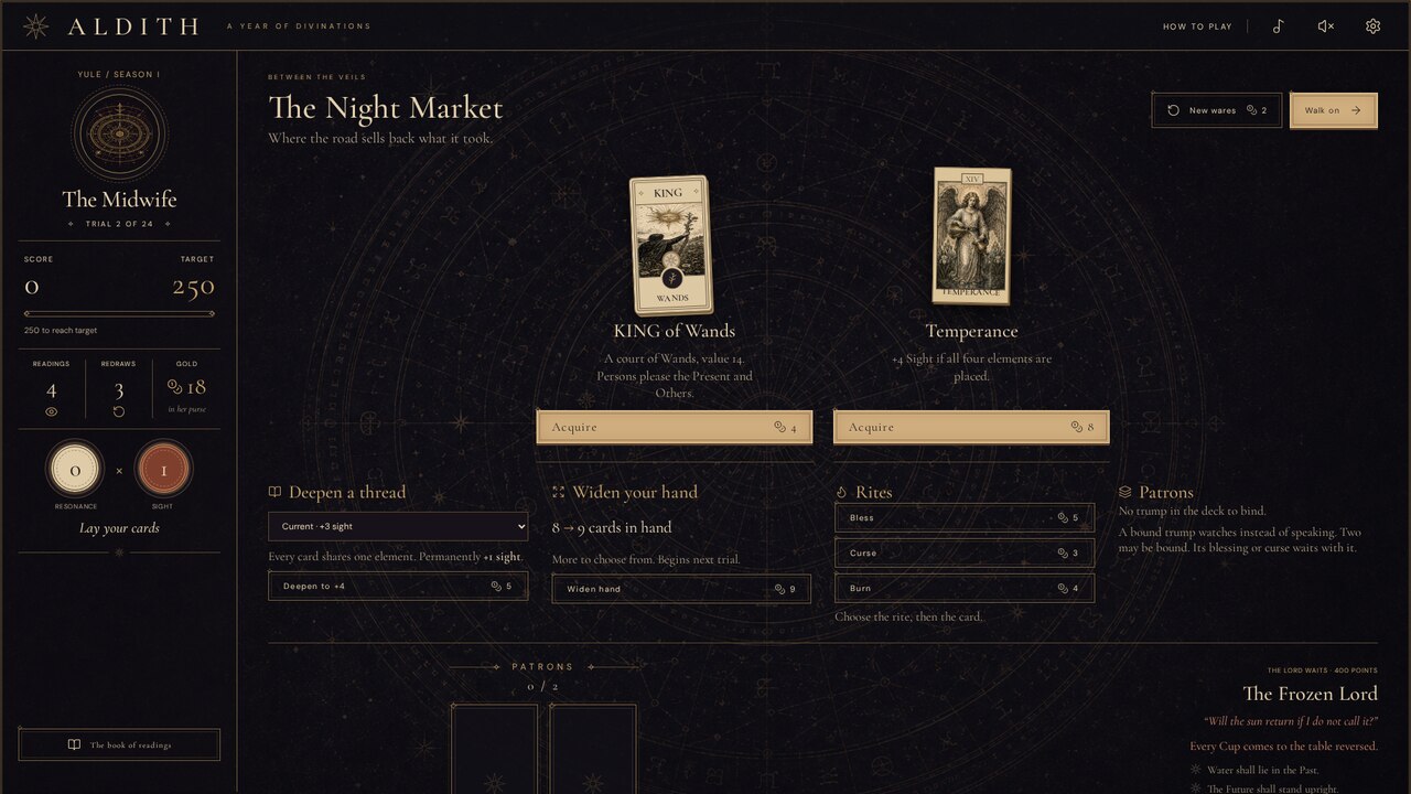 The Night Market between the veils: trumps and rites on offer, where the road sells back what it took.