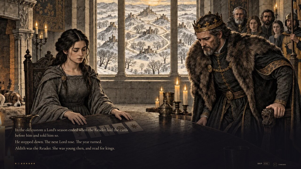 The Telling: in a candlelit hall above a snowy valley, the young Reader lays cards for a crowned king.