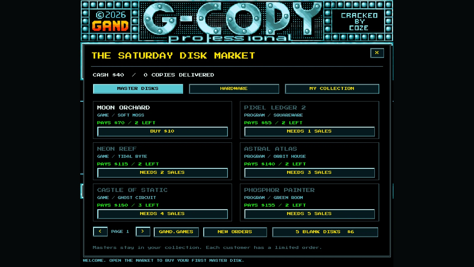 G-COPY screenshot — the Saturday Disk Market: six master disks for sale beneath the riveted G-COPY logo, with $40 cash and no copies delivered yet.