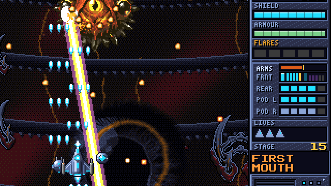 HELIOBANE screenshot: the Heliobane fires the Breaker, a white-gold column, up into a Herald of black glass and gold at the First Mouth.