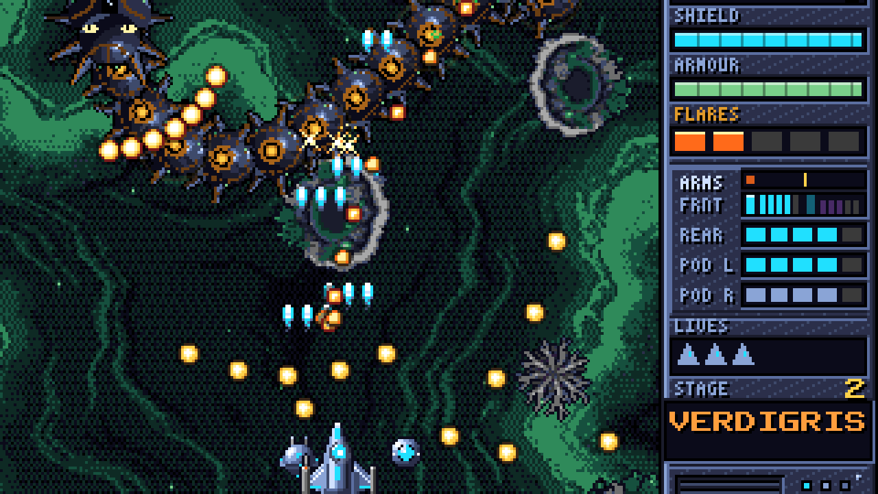 Leviathan Choir, a serpent of stitched drones, coils over a green ocean moon while the gunship fires up at it.