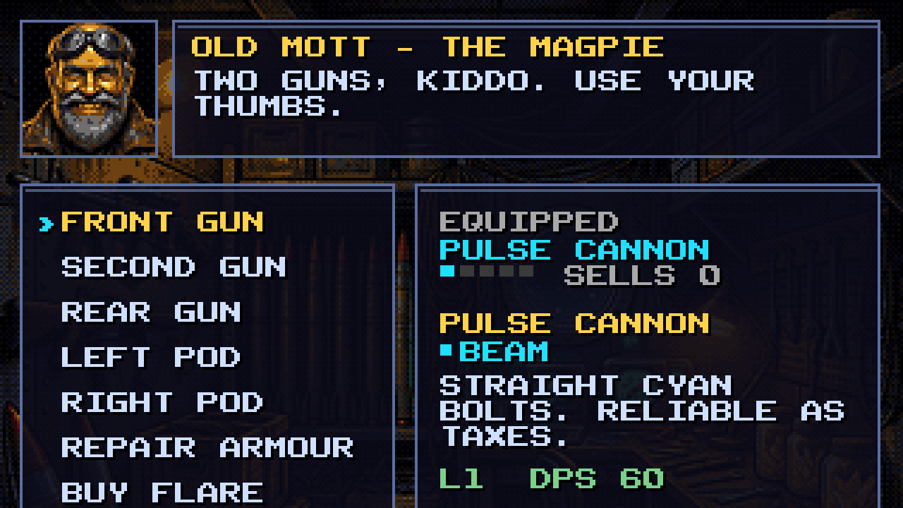 The Magpie shop: Old Mott tells Wren she has two guns now, beside the loadout menu and the Pulse Cannon marked as a beam weapon.
