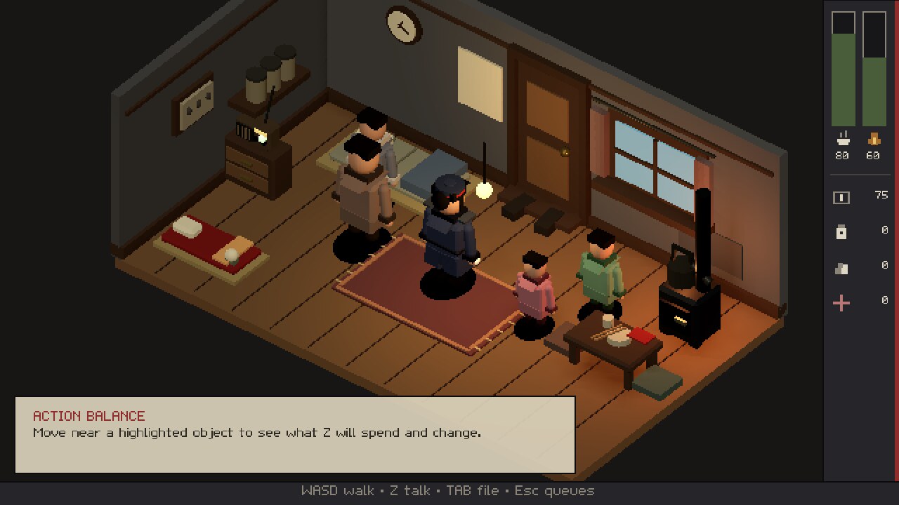 Cutaway apartment interior at night: the family gathered between the stove, the radio and the futons.
