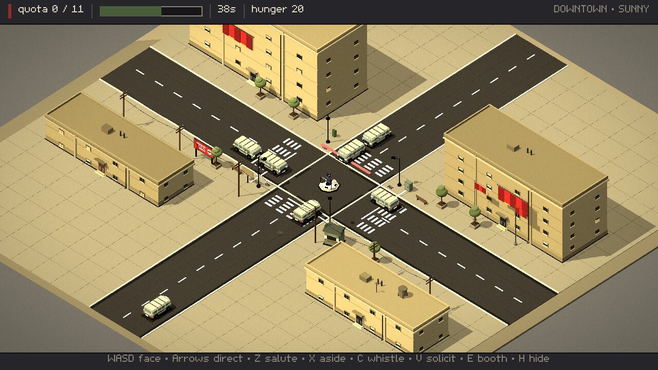 Intersection 17 screenshot — the downtown crossing on a sunny day, queues waiting at four crosswalks around the marshal's podium.