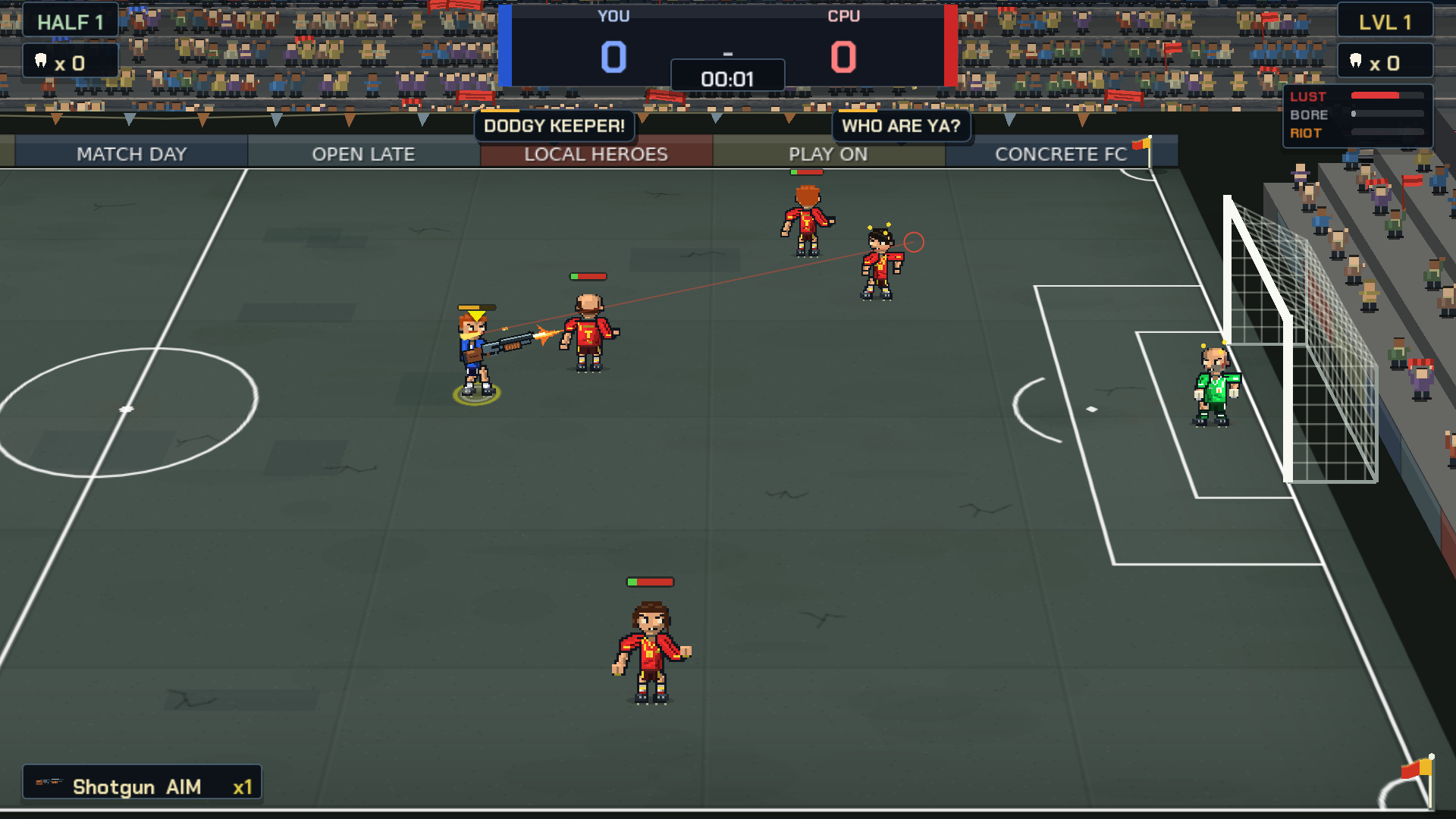 A Mincers player fires a shotgun at a fleeing opponent on the cracked municipal concrete pitch.