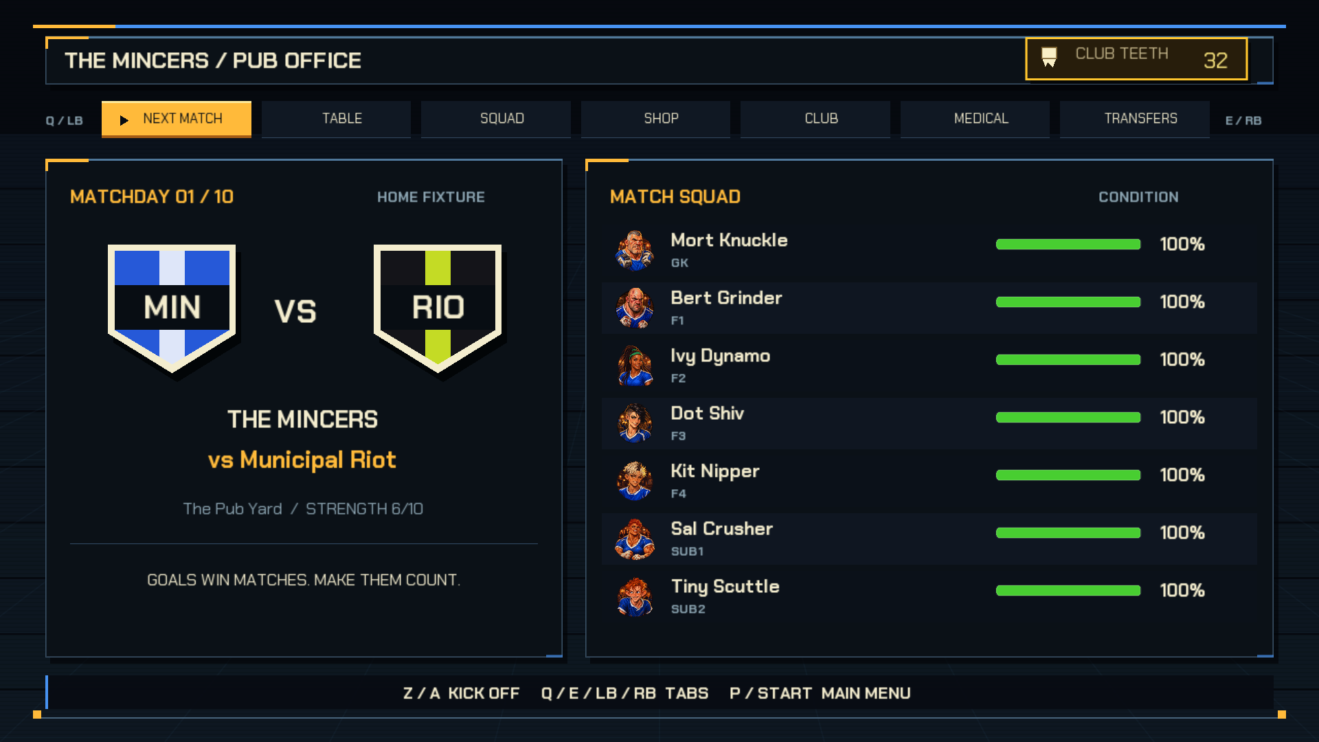 The Mincers' pub office shows the next fixture against Municipal Riot and the seven-player squad.