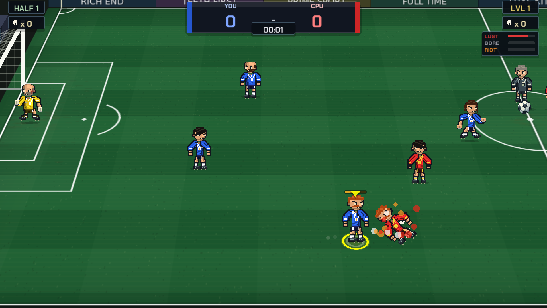 Studs Up! Win Ugly screenshot — a Mincers player in blue floors a red opponent in a burst of blood on the Rich End Arena pitch.