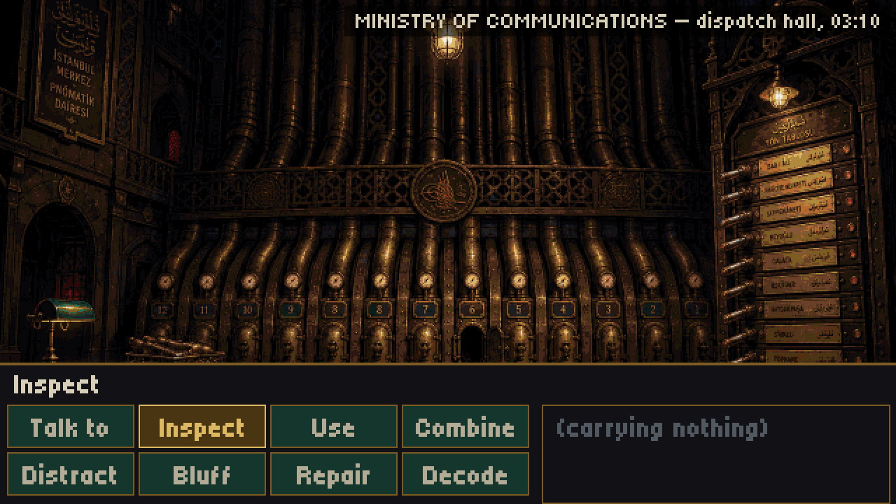 The Ministry dispatch hall: a wall of numbered pneumatic tube mouths under a gilded imperial cypher.