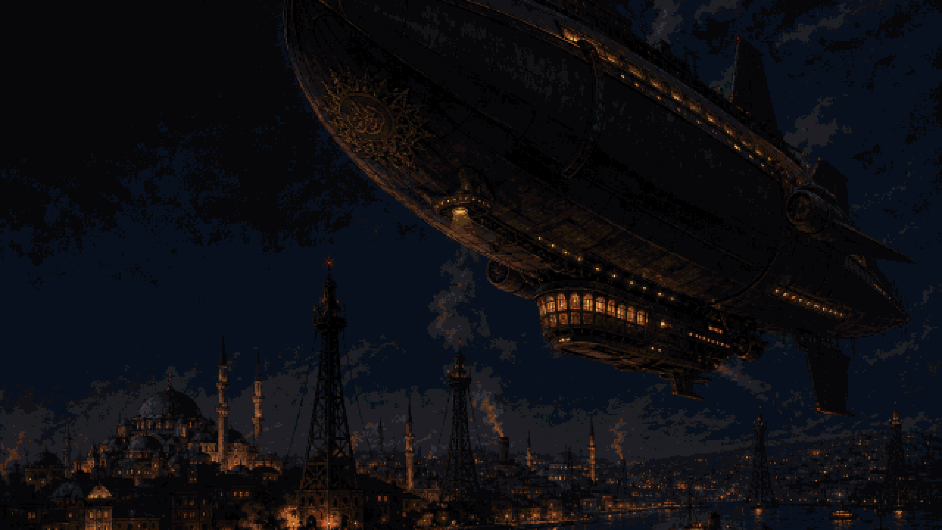 The Sublime Engine key art — an airship passing low over a night-time Istanbul of domes, minarets and mooring towers.