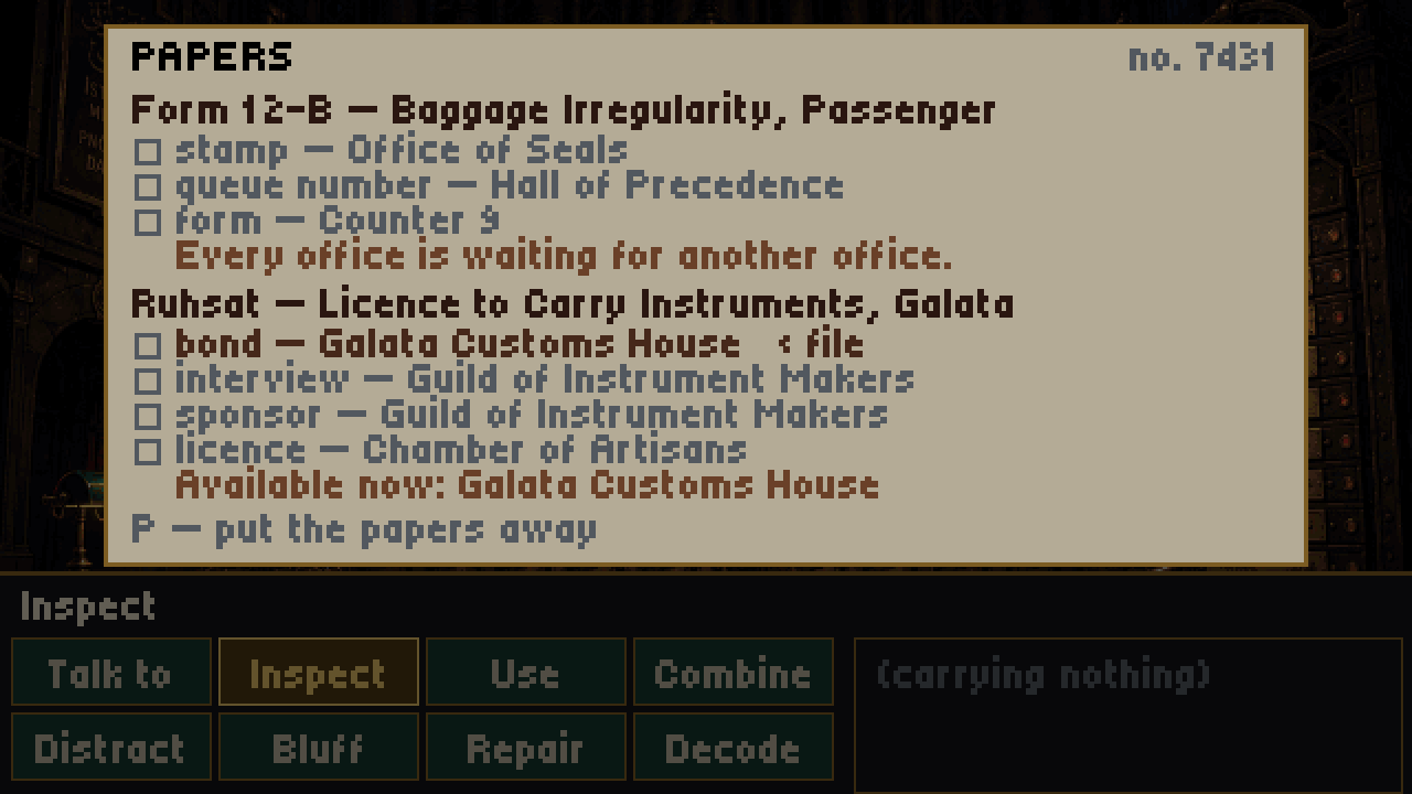 The papers screen: a form whose stamp, queue number and counter each wait on one another.