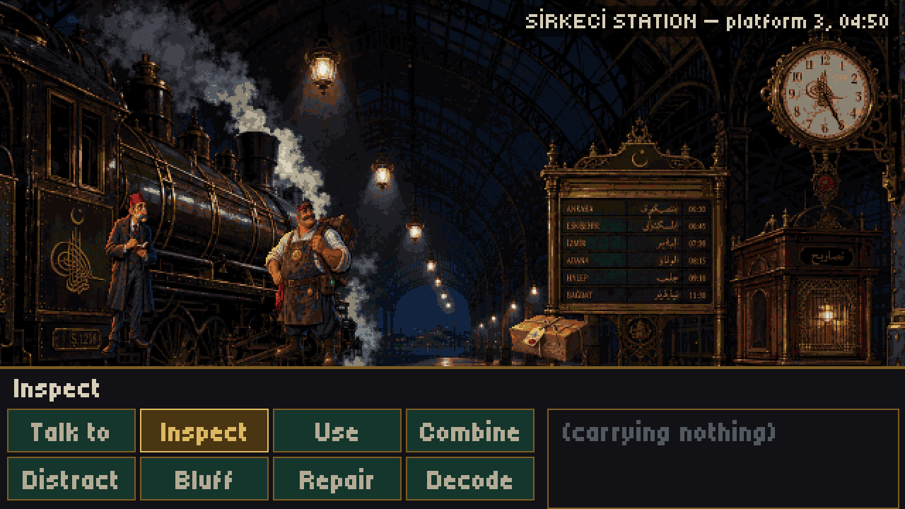 Sirkeci Station platform three before dawn, a steam locomotive under an iron trainshed.