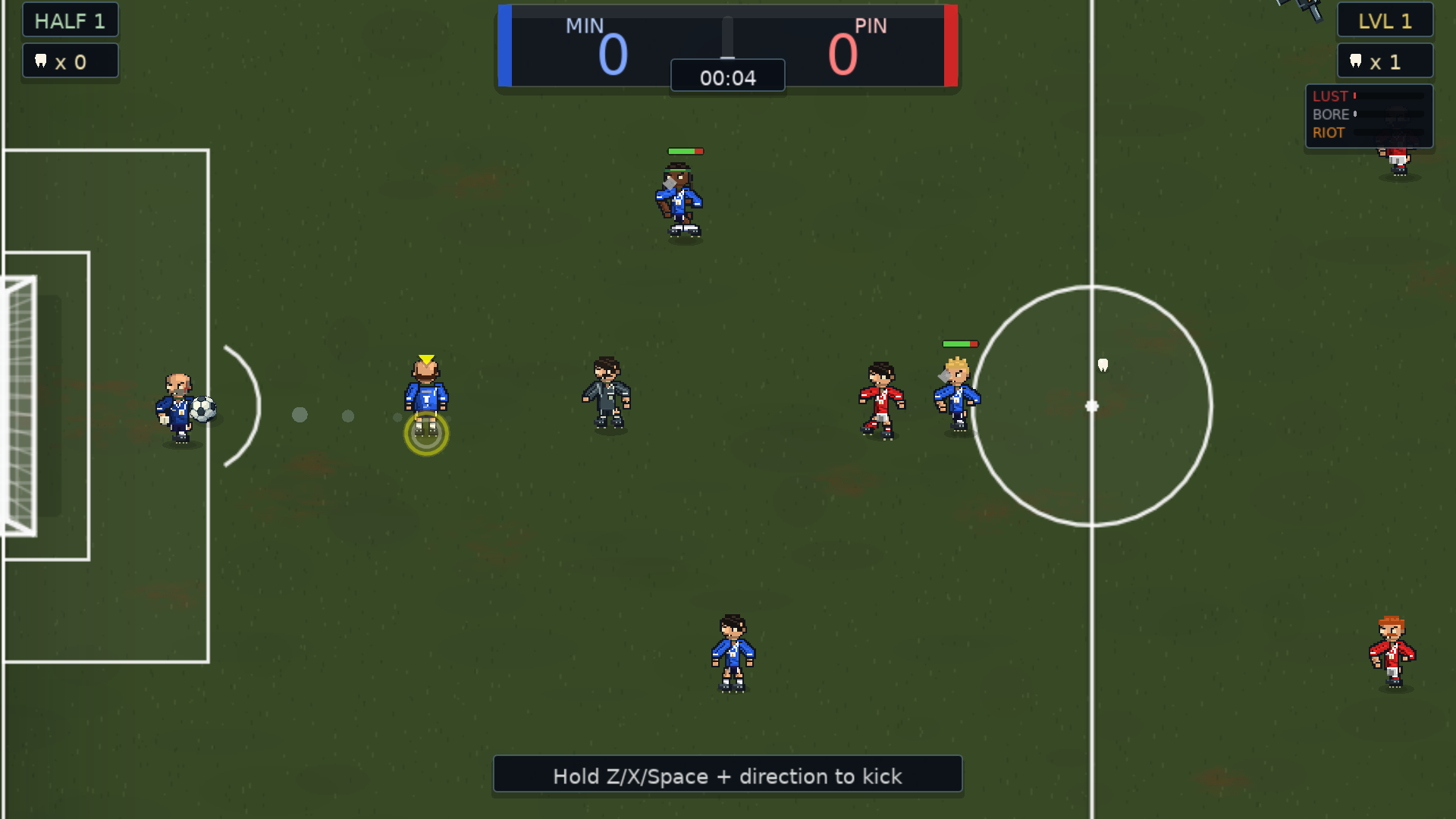The Mincers in blue face Pintglass Athletic in red on the worn grass of the Pub Yard; teeth lie loose beside midfield.