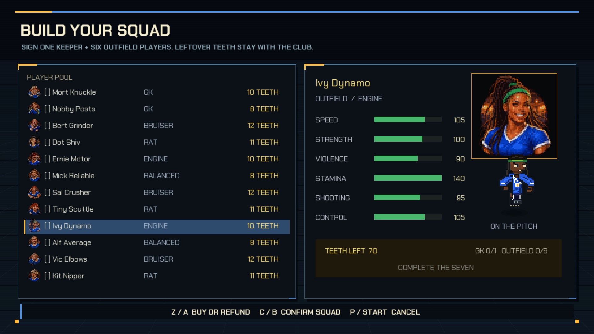 Squad recruitment showing Ivy Dynamo's portrait, updated player model, attributes, and the club's budget in teeth.